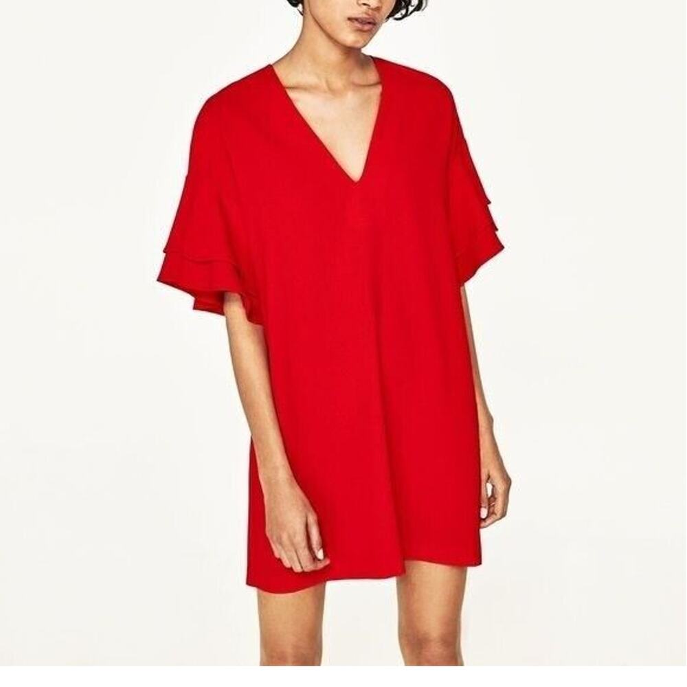 Zara Oversized V Neck Ruffled Flutter Short Sleeves Shift Mini Dress Small Red